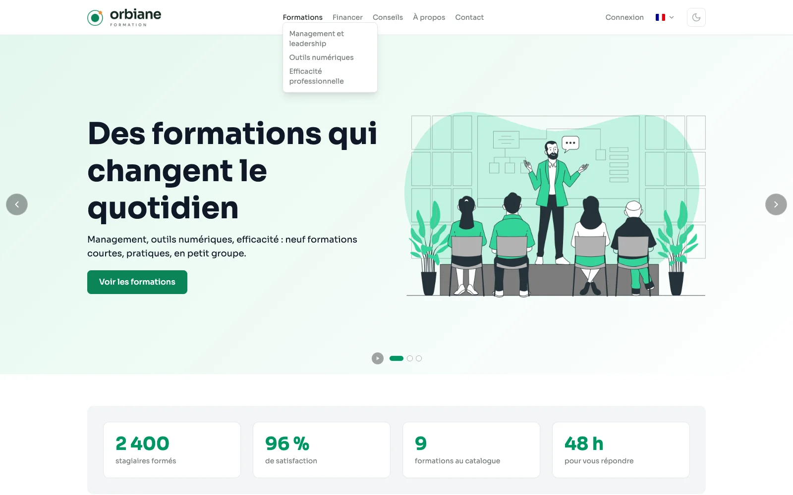 Le haut de la page d'accueil d'un site de démonstration, le menu Formations ouvert sur trois sous-entrées.
