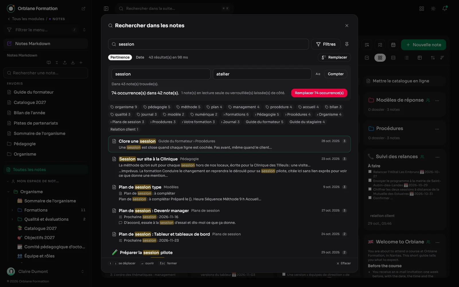 Le volet Remplacer de l'écran de recherche : « session » par « atelier », 35 occurrences dans 16 notes, et le bouton qui confirme.