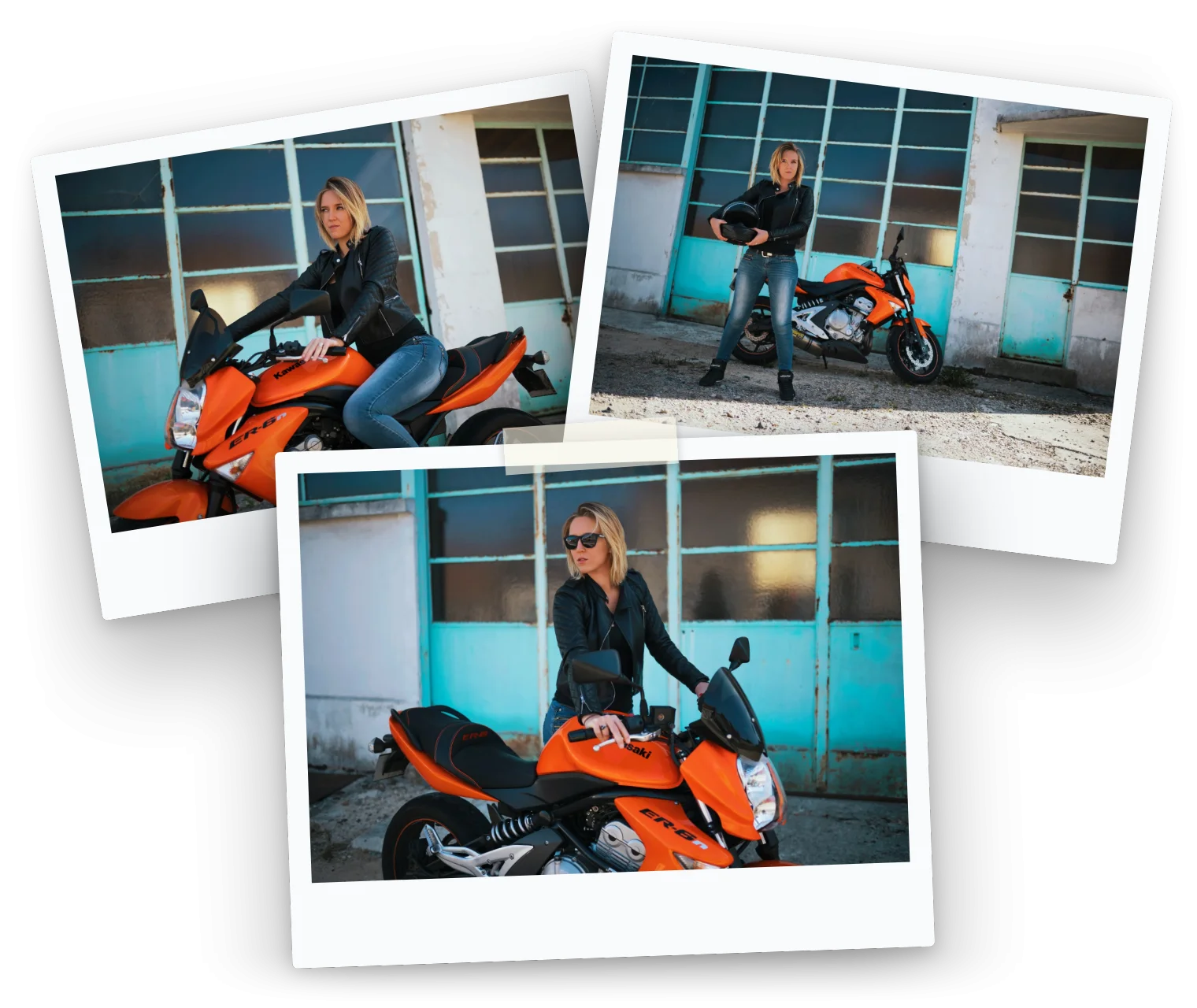 Trois tirages de la séance moto : sur la Kawasaki orange, le casque à la main, les lunettes noires.