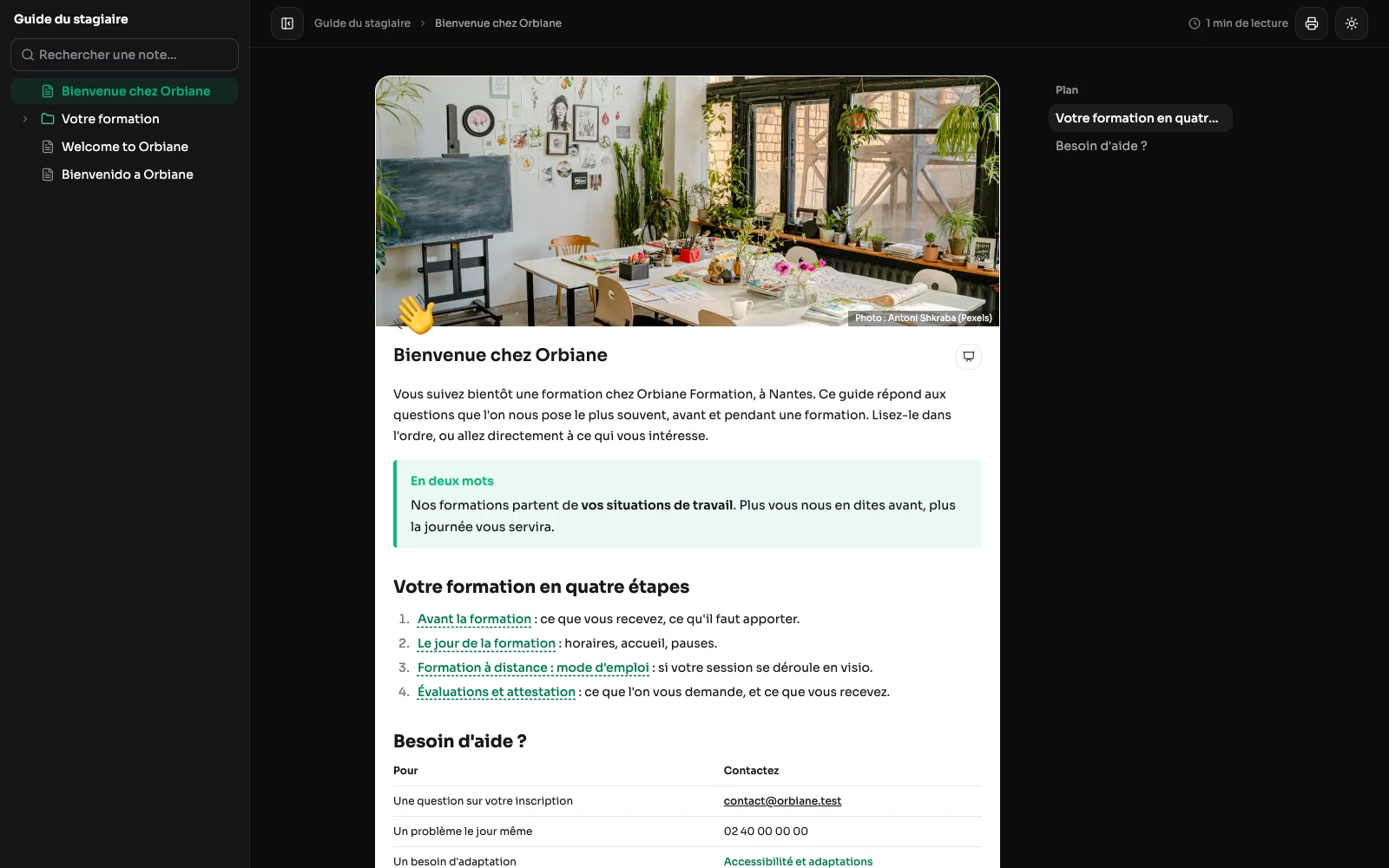 Un espace publié, lu sans compte : son arborescence à gauche, la note au centre.