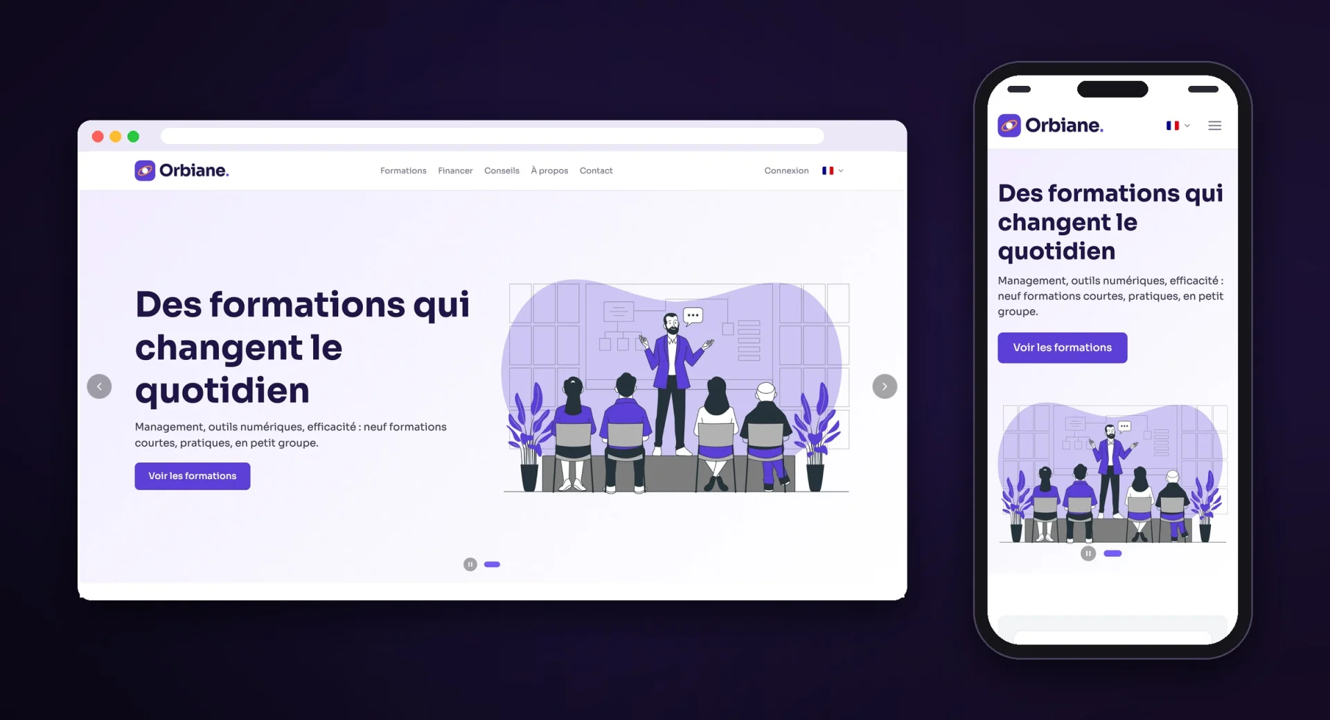 Le site Orbiane Formation sur ordinateur et sur téléphone.