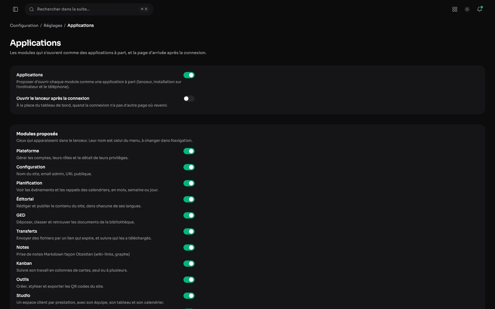 Réglages > Applications : les deux interrupteurs généraux, puis la liste des modules proposés, chacun avec son interrupteur.
