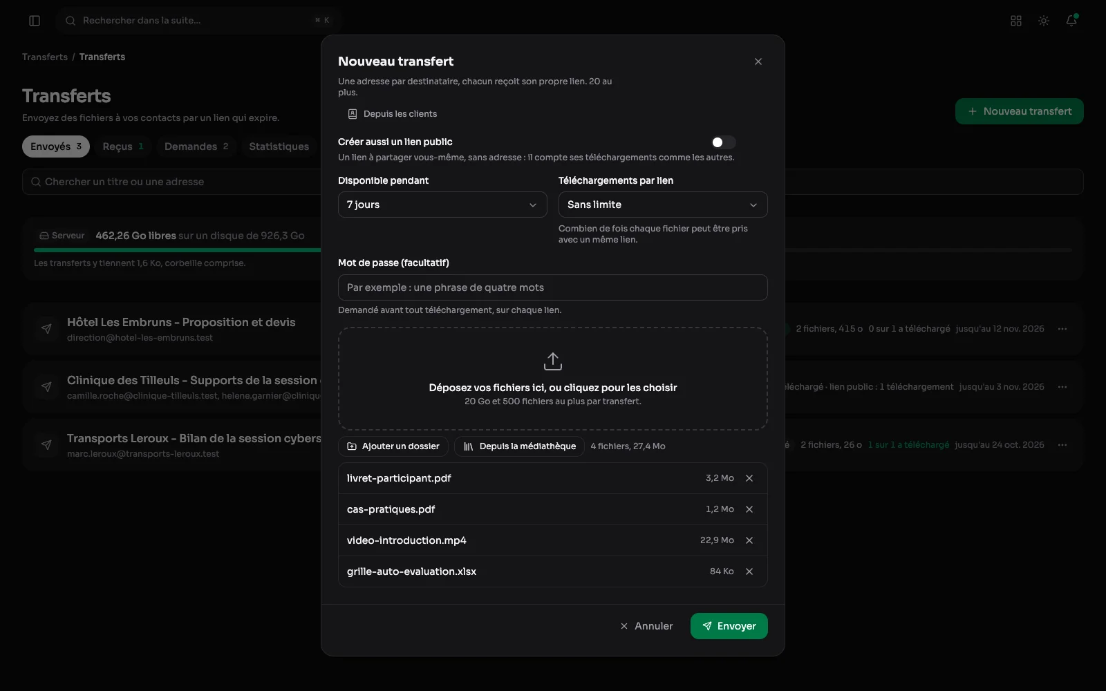La fenêtre d'un nouveau transfert : durée, limite de téléchargements, mot de passe facultatif, et quatre fichiers choisis, dont une vidéo de 23 Mo.