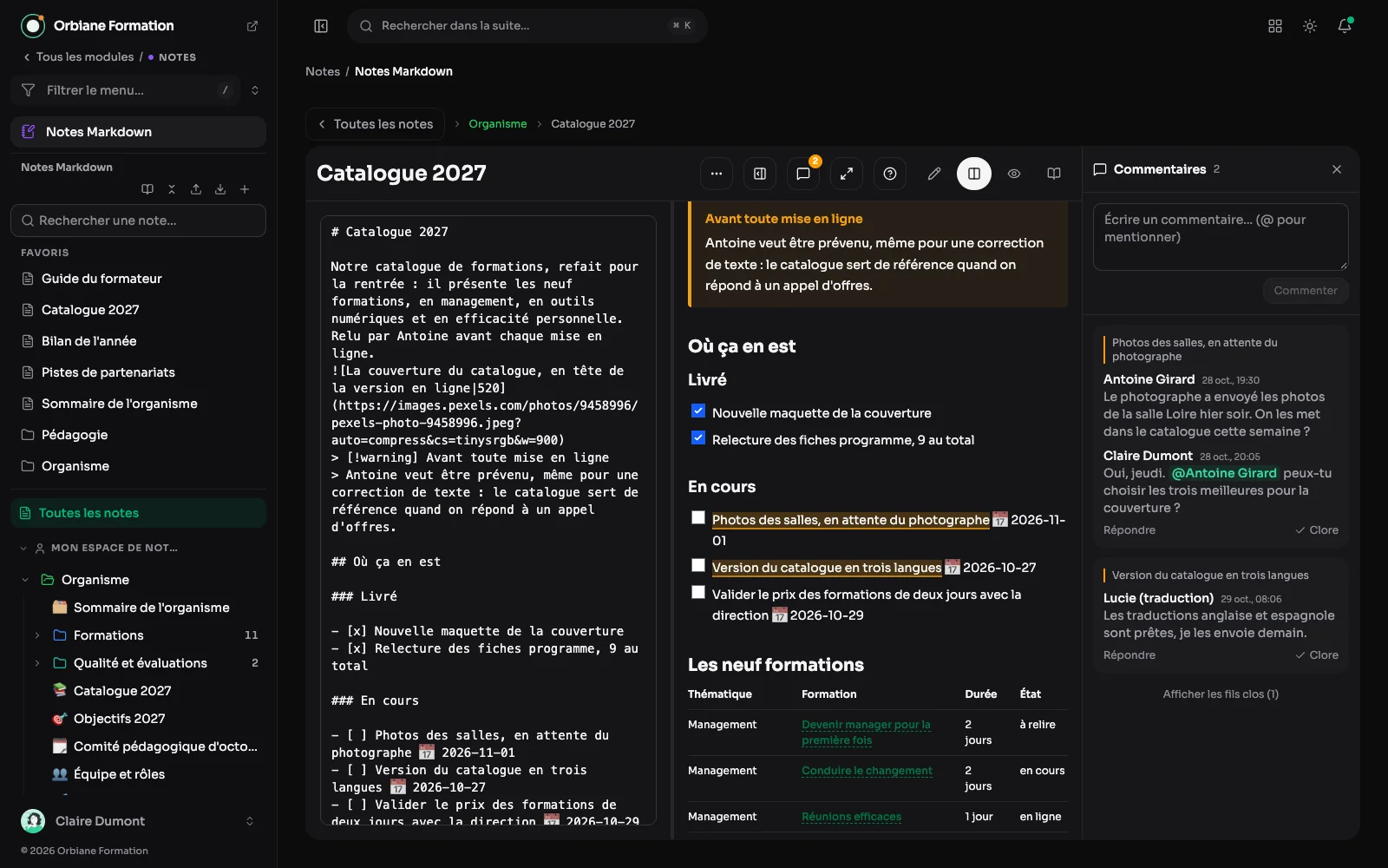 La note « Catalogue 2027 » avec le panneau des commentaires : une question d'Antoine sur un passage souligné, une réponse qui le mentionne, et le commentaire d'une invitée, venue par un lien de partage.