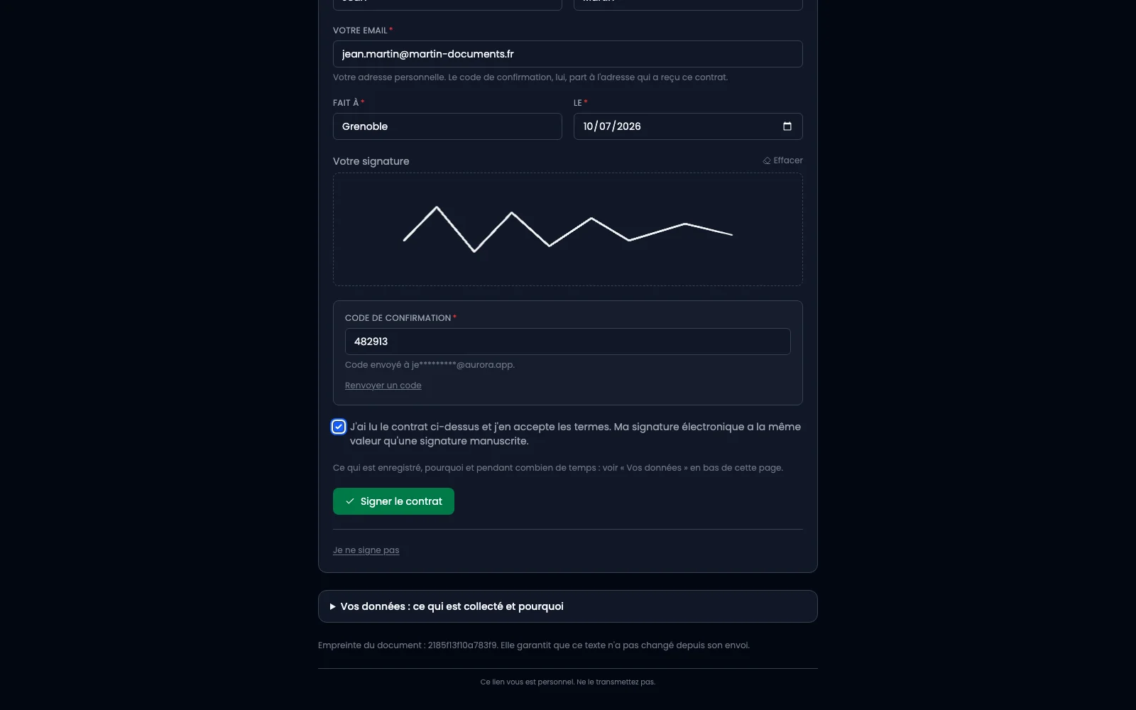 Le formulaire de signature : identité, lieu, date, signature tracée, code de confirmation et case d'acceptation.