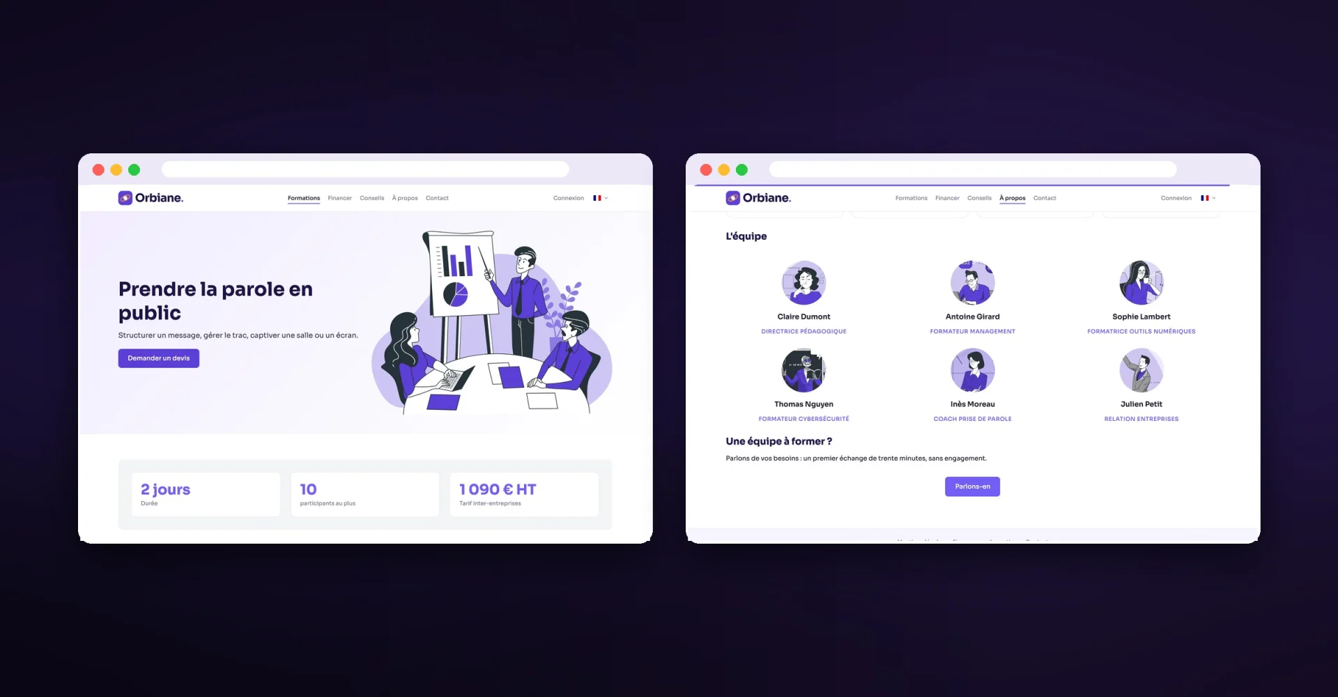 Deux pages du site : une formation et l’équipe.