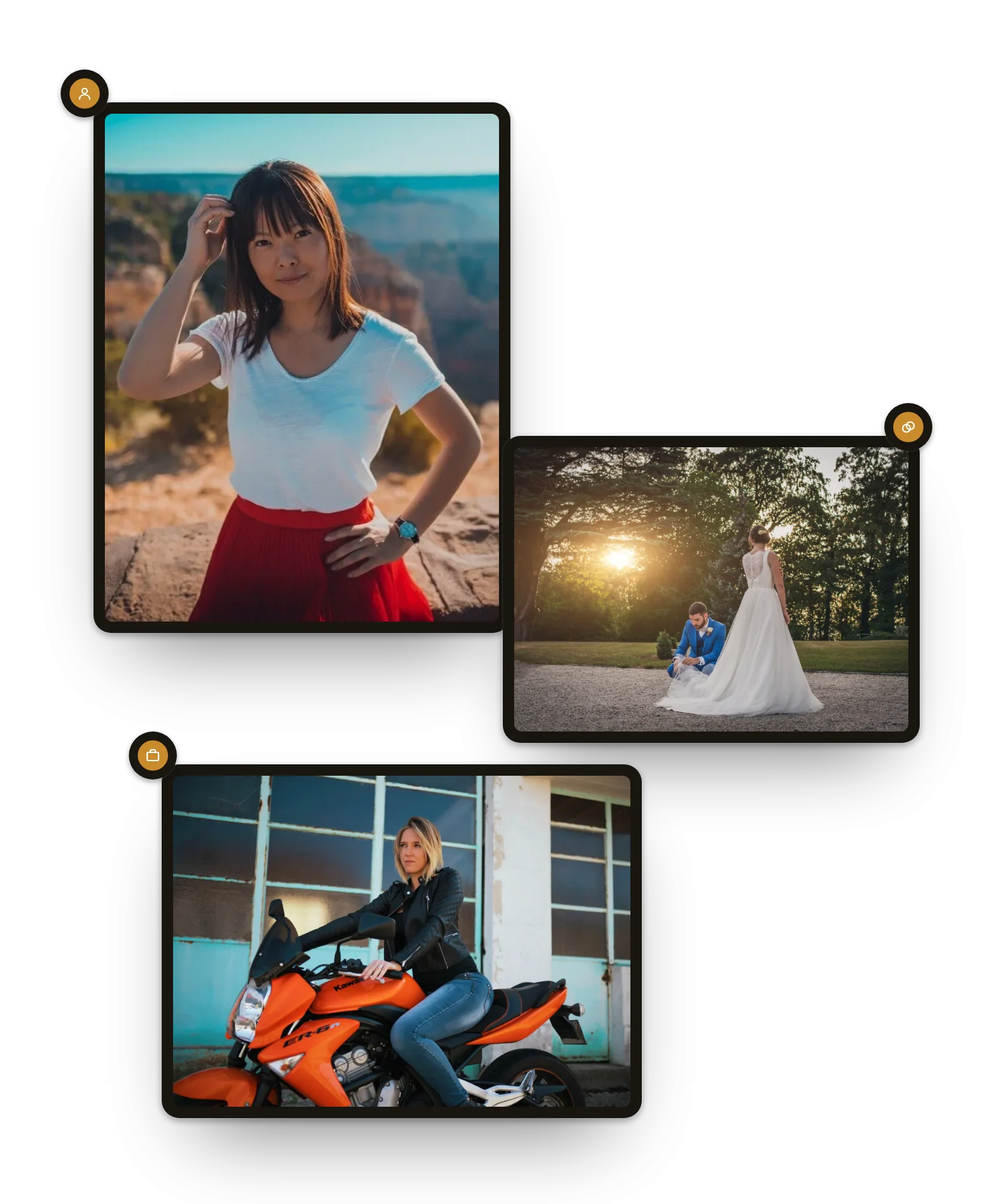 Trois tirages : un portrait au bord du Grand Canyon, une mariée au soleil couchant, et une séance moto pour une marque.