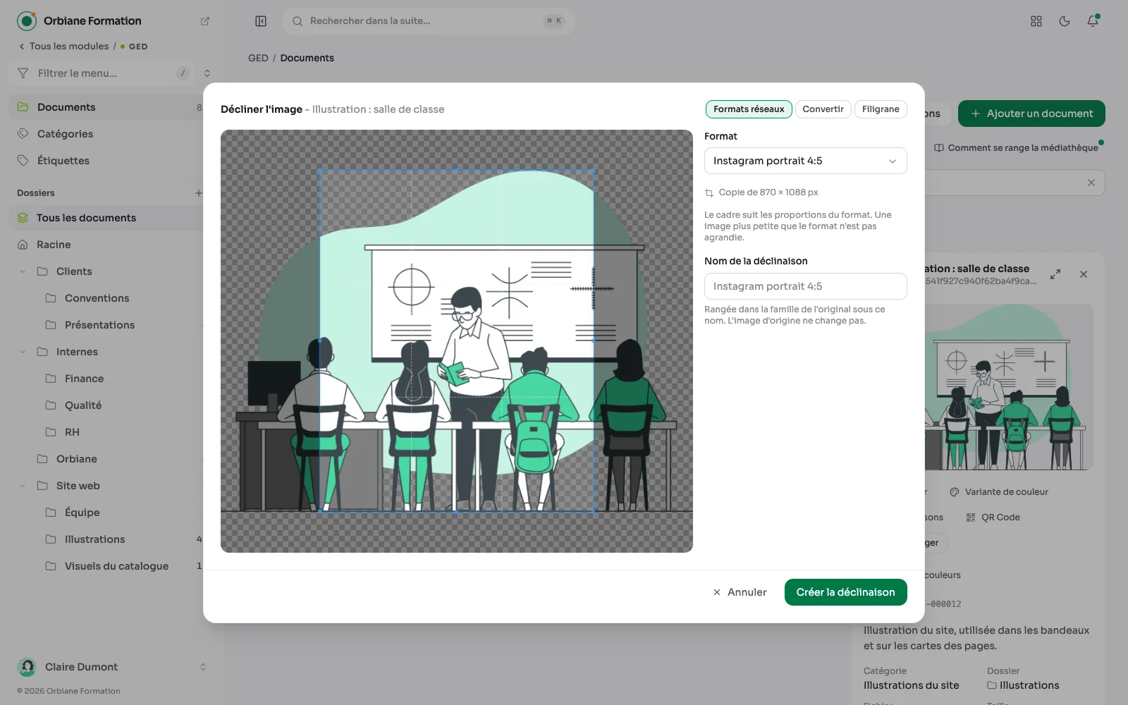 Fenêtre « Décliner l'image » : une illustration avec le cadre Instagram portrait 4:5 posé dessus, et le choix du format.