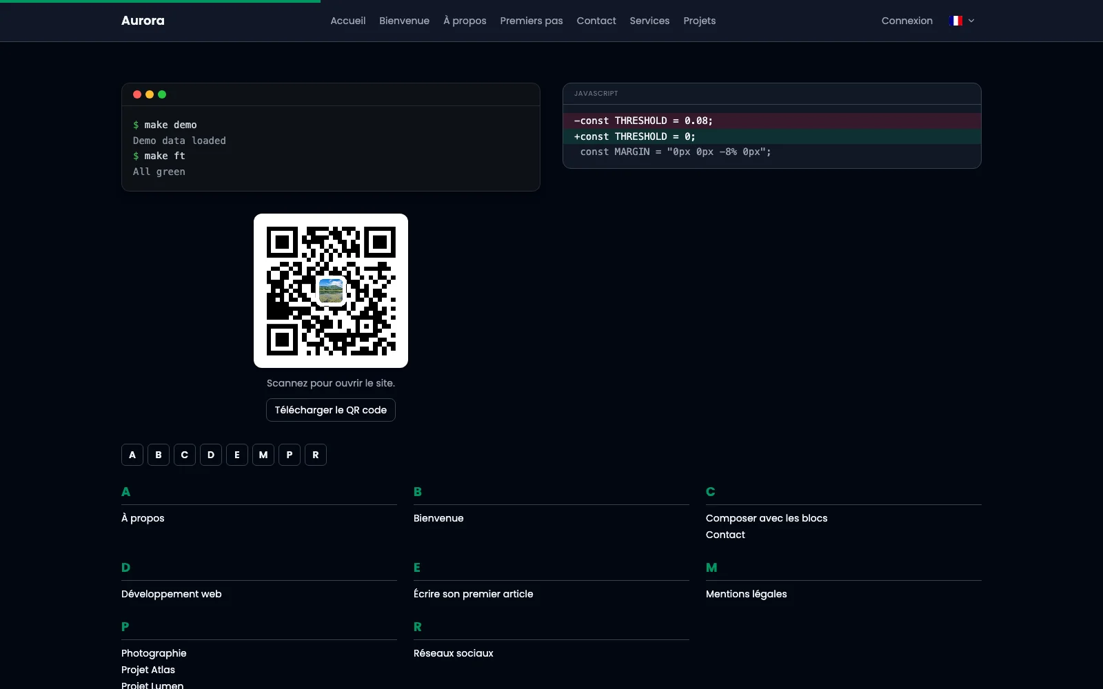 A terminal, a diff, a QR code and an alphabetical index.