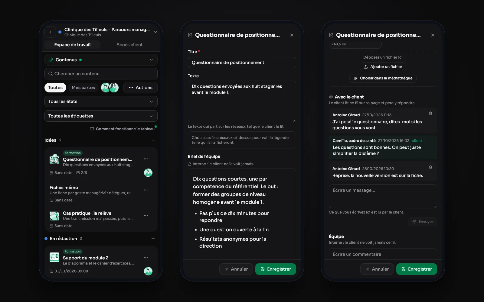 Drie telefoonschermen: de items van een omgeving als lijst, een aangetikte kaart in haar venster, daarna hetzelfde venster verderop, bij de draad met de klant.