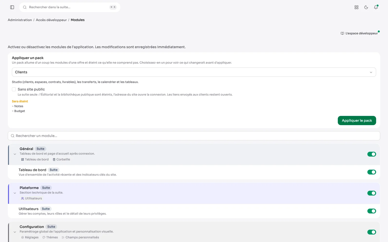 Réglages et modules