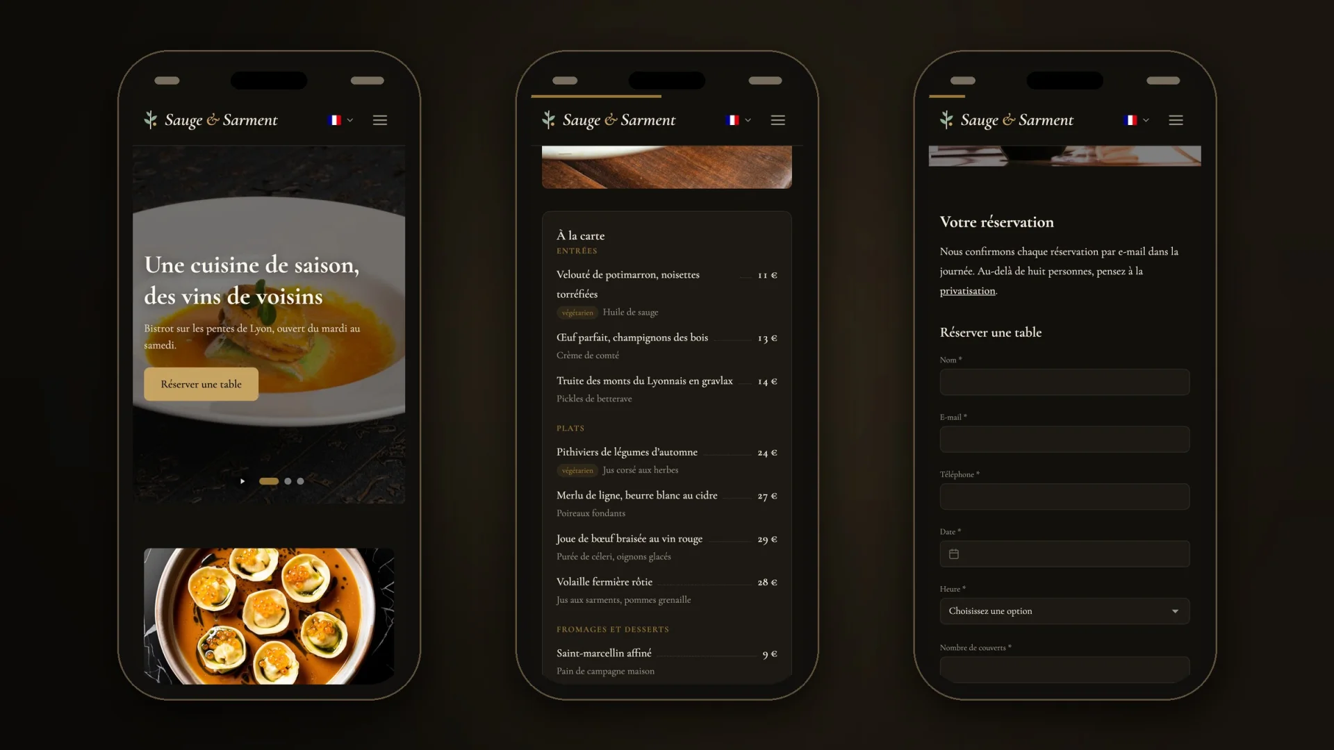 Three pages of the site on a phone: home, the menu and booking.