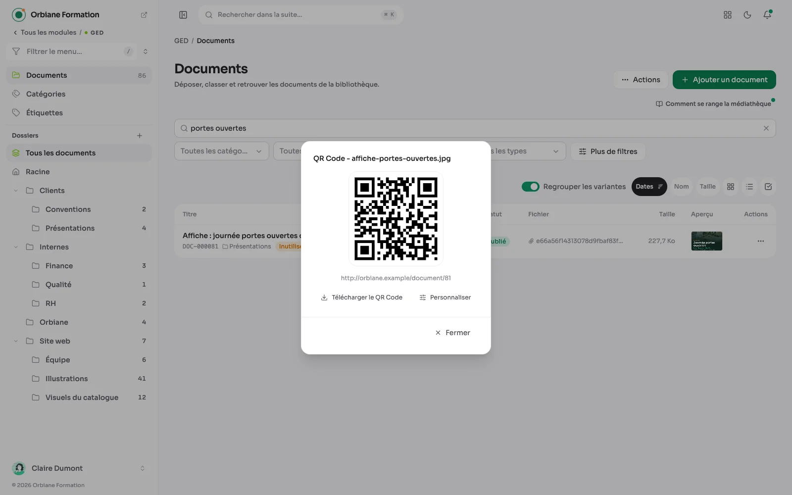 La fenêtre QR code d'un document de la médiathèque, avec le bouton Personnaliser