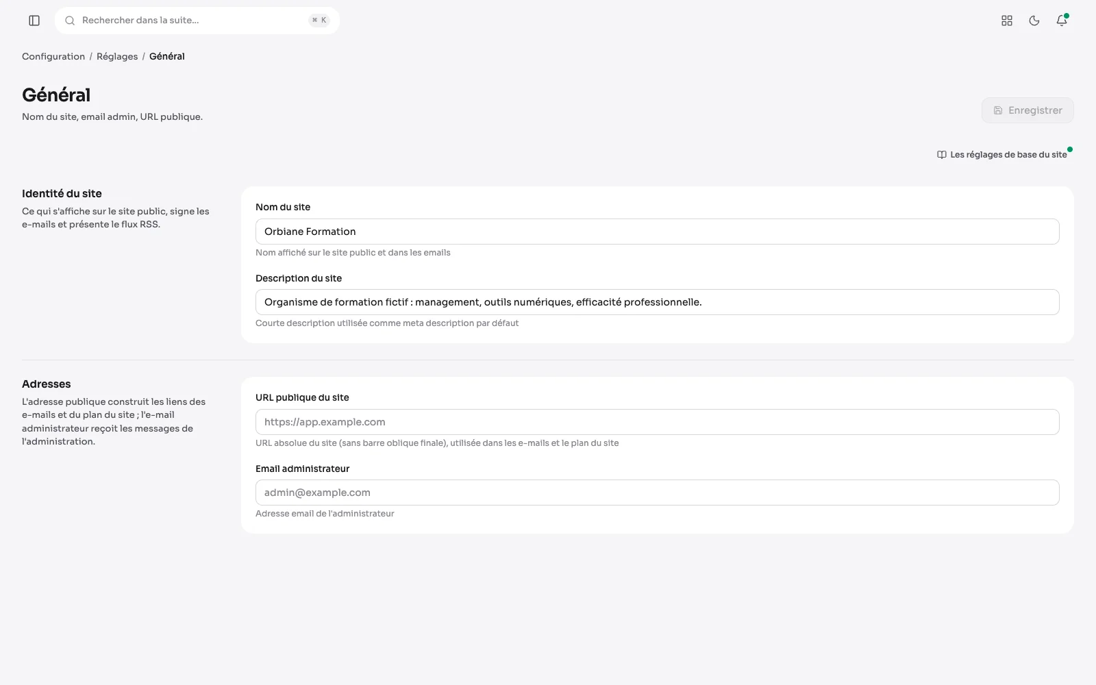 Les réglages, une rubrique par sujet : nom du site, lecture, localisation, identité visuelle, SEO, système, stockage des fichiers.