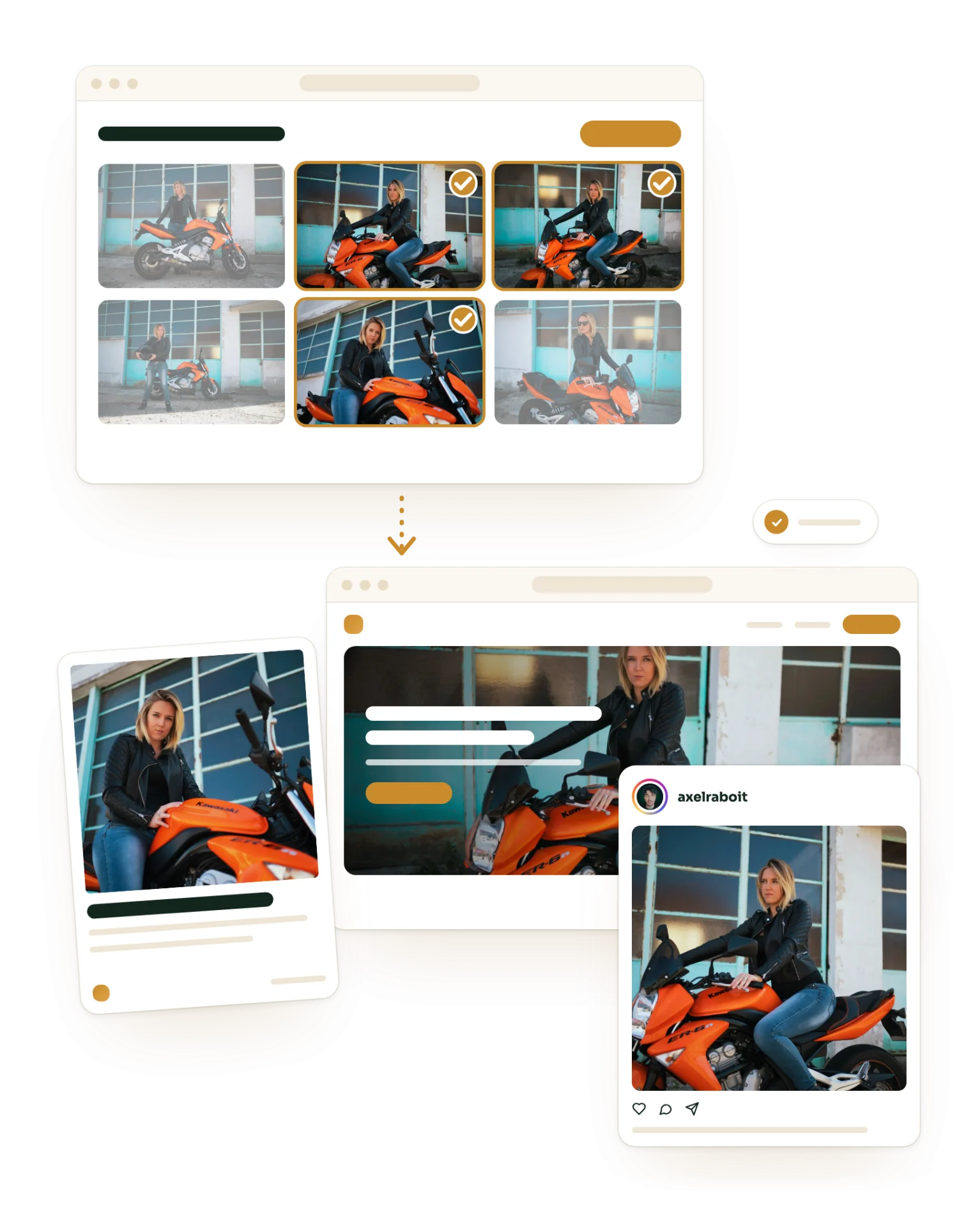 Les photos d’une séance moto triées, et trois prises retenues devenues une affiche, l’en-tête d’un site et une publication Instagram.