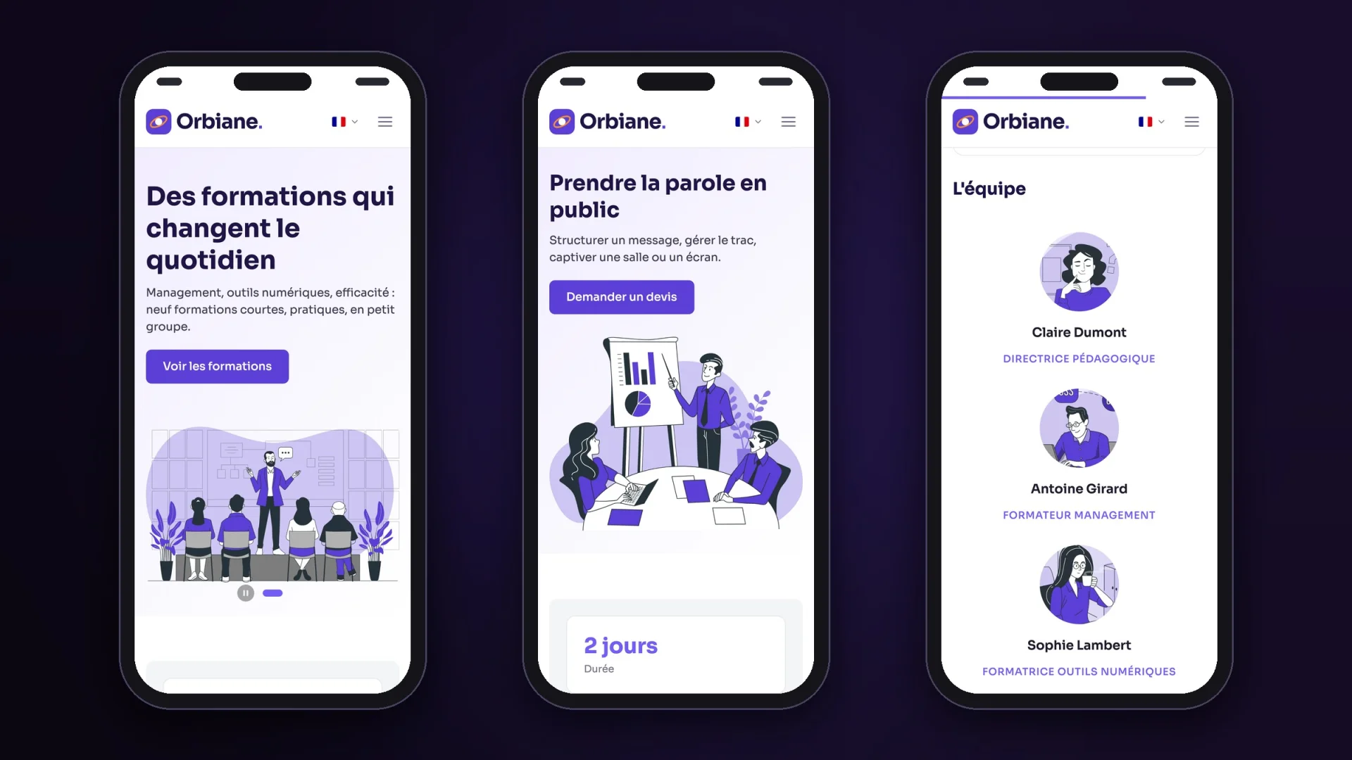 Trois pages du site sur téléphone : l’accueil, une formation, l’équipe.