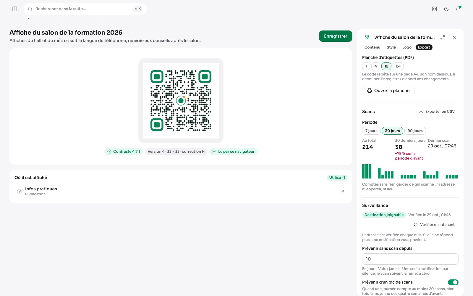 L'onglet Export d'un code dynamique : scans sur trente jours comparés à la période d'avant, et réglages de surveillance