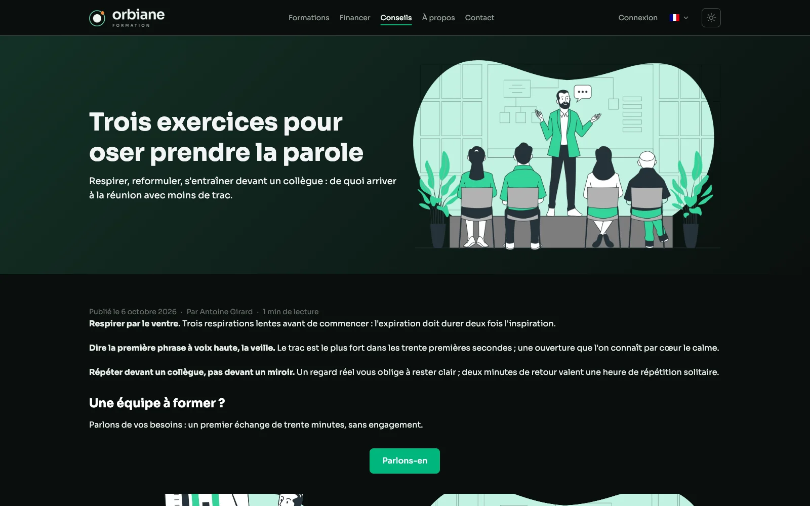 Haut d'un article du blog Orbiane : son en-tête, puis la date de publication, l'auteur et le temps de lecture.