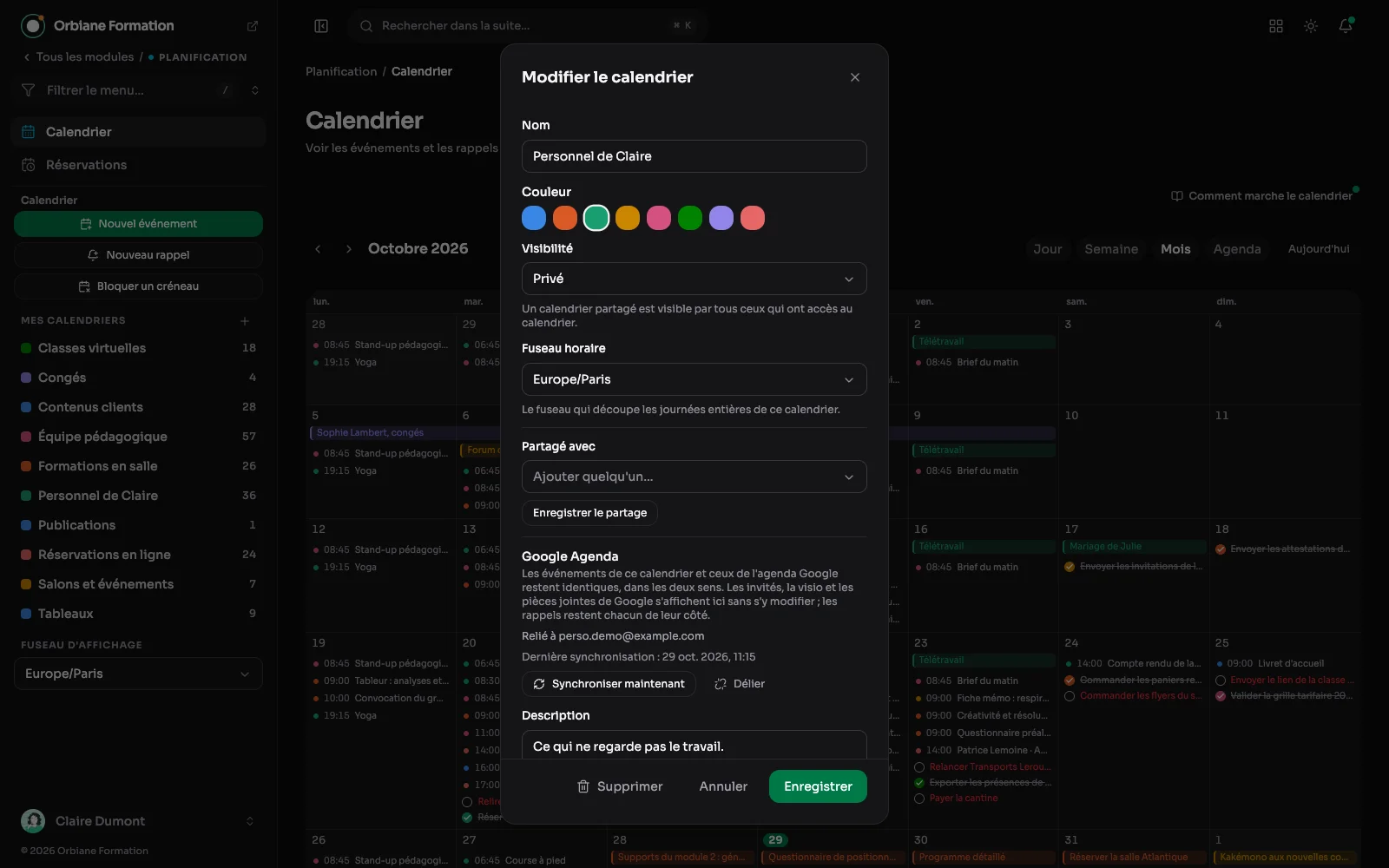 La fenêtre d'un calendrier relié à Google Agenda : l'agenda Google auquel il est relié, l'heure de la dernière synchronisation, et les boutons Synchroniser maintenant et Délier.
