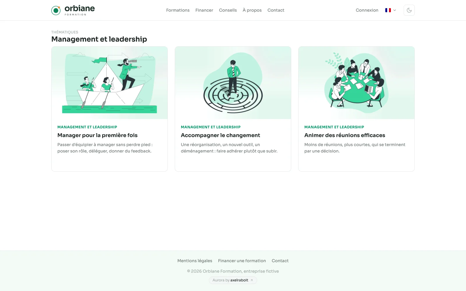 La page d'une thématique sur un site de démonstration : son nom en titre et les trois formations qui la portent, en cartes.