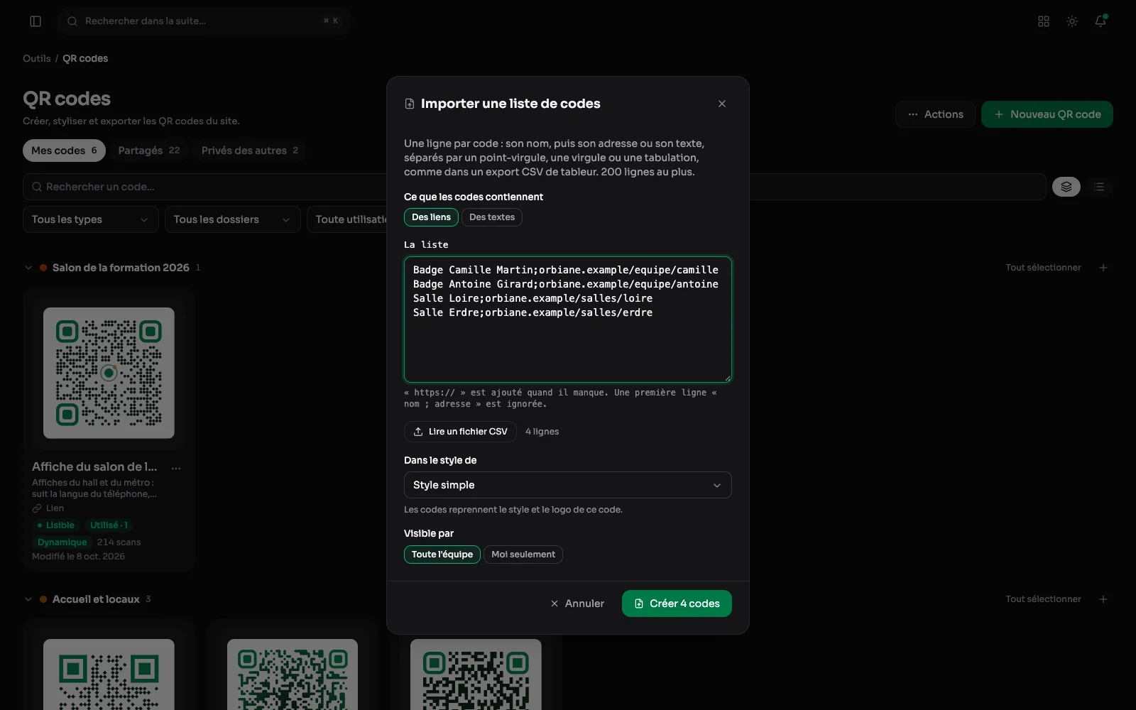 La fenêtre d'import d'une liste de QR codes, quatre lignes collées, au-dessus de la bibliothèque
