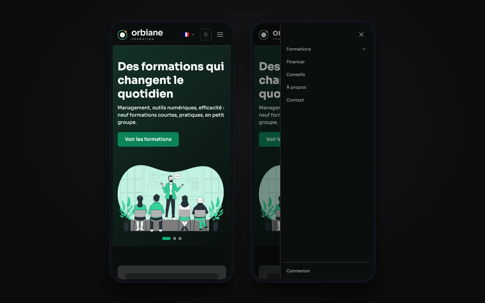 Deux téléphones : la page d'accueil d'un site de démonstration avec son bouton de menu, puis le panneau du menu ouvert.