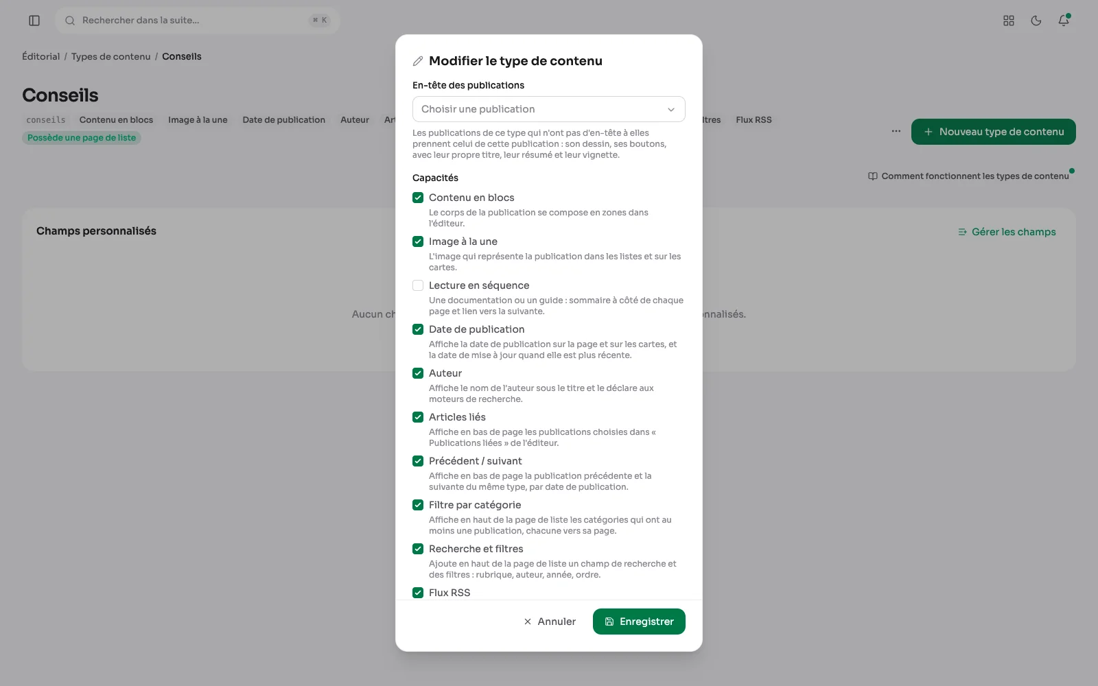 Fenêtre de modification du type de contenu Conseils, avec ses capacités cochées : date de publication, auteur, articles liés et filtre par catégorie.