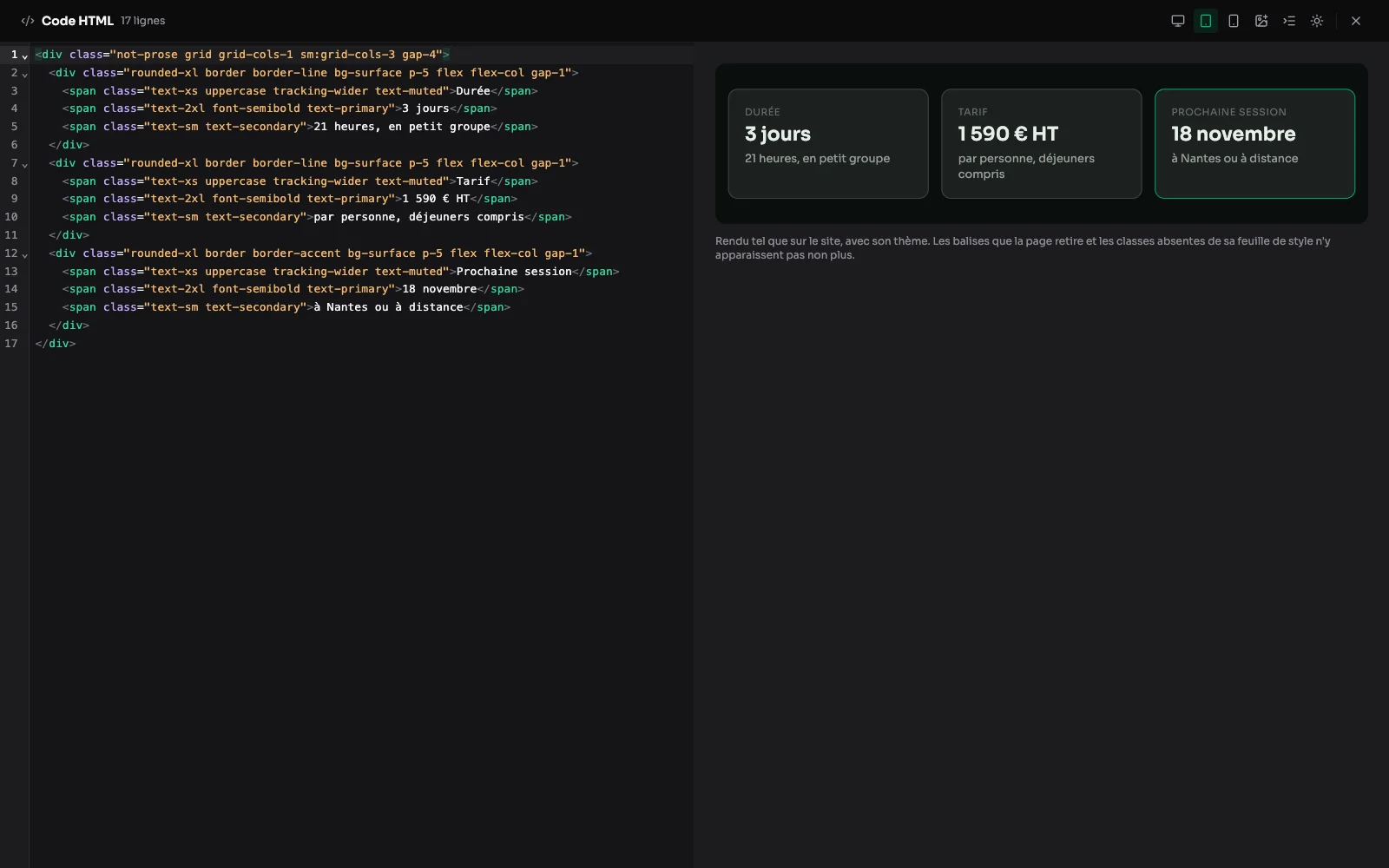 L'éditeur HTML en plein écran : le code de la fiche de session à gauche, son rendu en trois cartes à droite.