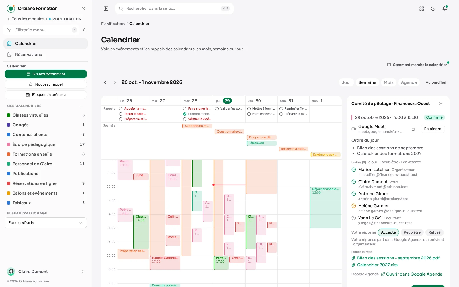 Calendrier d'Orbiane : le comité de pilotage avec Financeurs Ouest ouvert, de 14:00 à 15:30, son Meet et le bouton Rejoindre, cinq invités et leurs réponses, l'ordre du jour et deux pièces jointes.