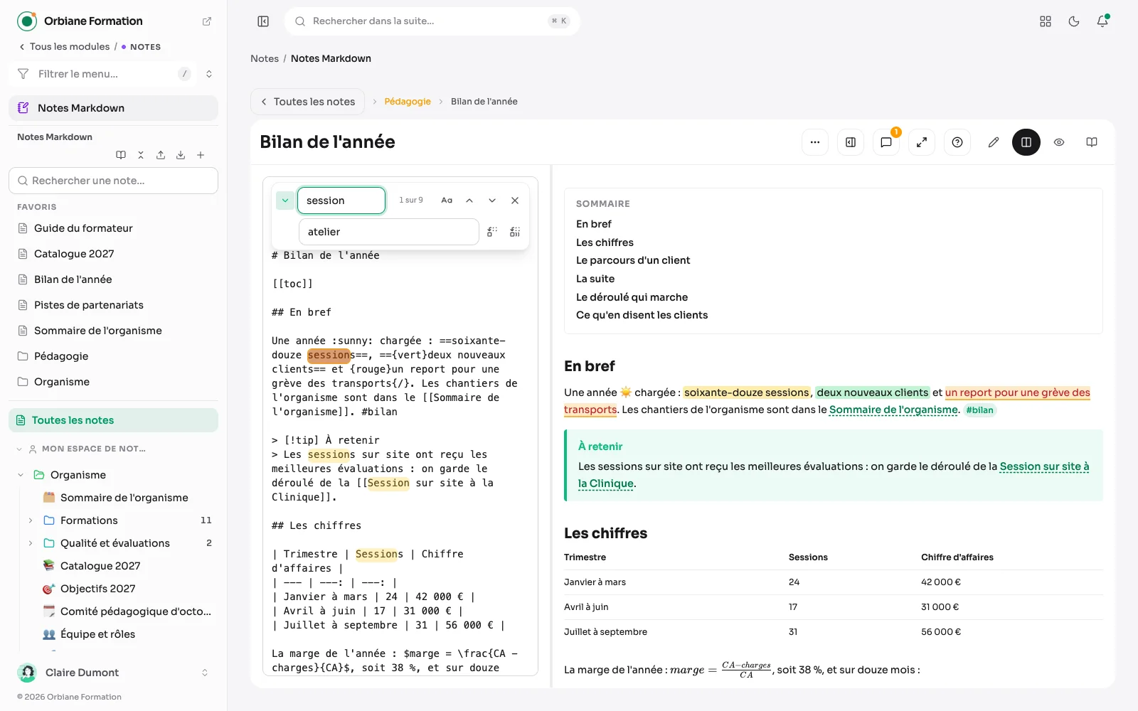La barre chercher et remplacer au-dessus de l'éditeur de « Bilan de l'année » : « session » trouvé neuf fois, la première occurrence en surbrillance, et « atelier » en remplacement.