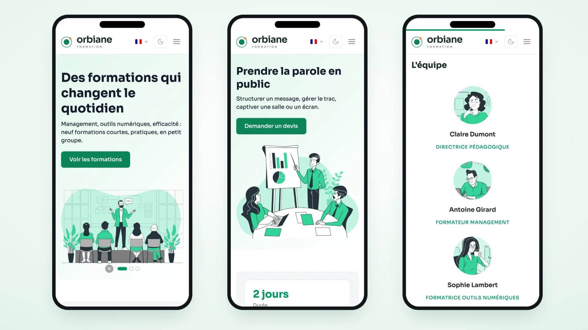 Drei Seiten der Website auf dem Smartphone: die Startseite, eine Weiterbildung, das Team.