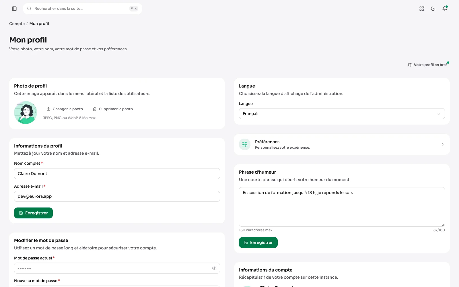 Le profil d'un compte : sa photo, son nom et son adresse, sa langue, sa phrase d'humeur et son mot de passe.