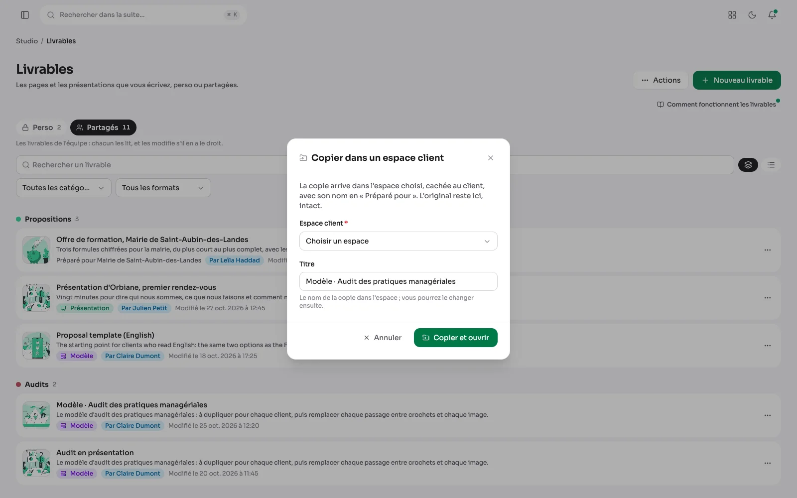 Das Fenster „In einen Kundenbereich kopieren“: der gewählte Bereich und der Titel der Kopie.