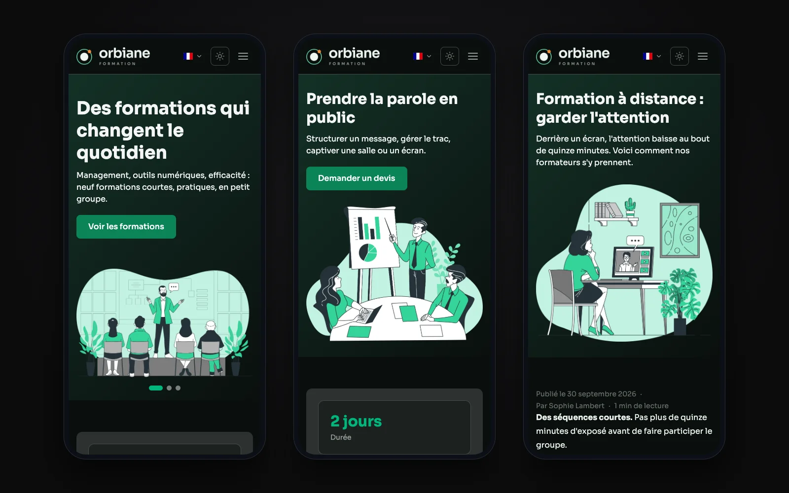Trois pages du site sur téléphone, côte à côte : l'accueil, une formation et un conseil.