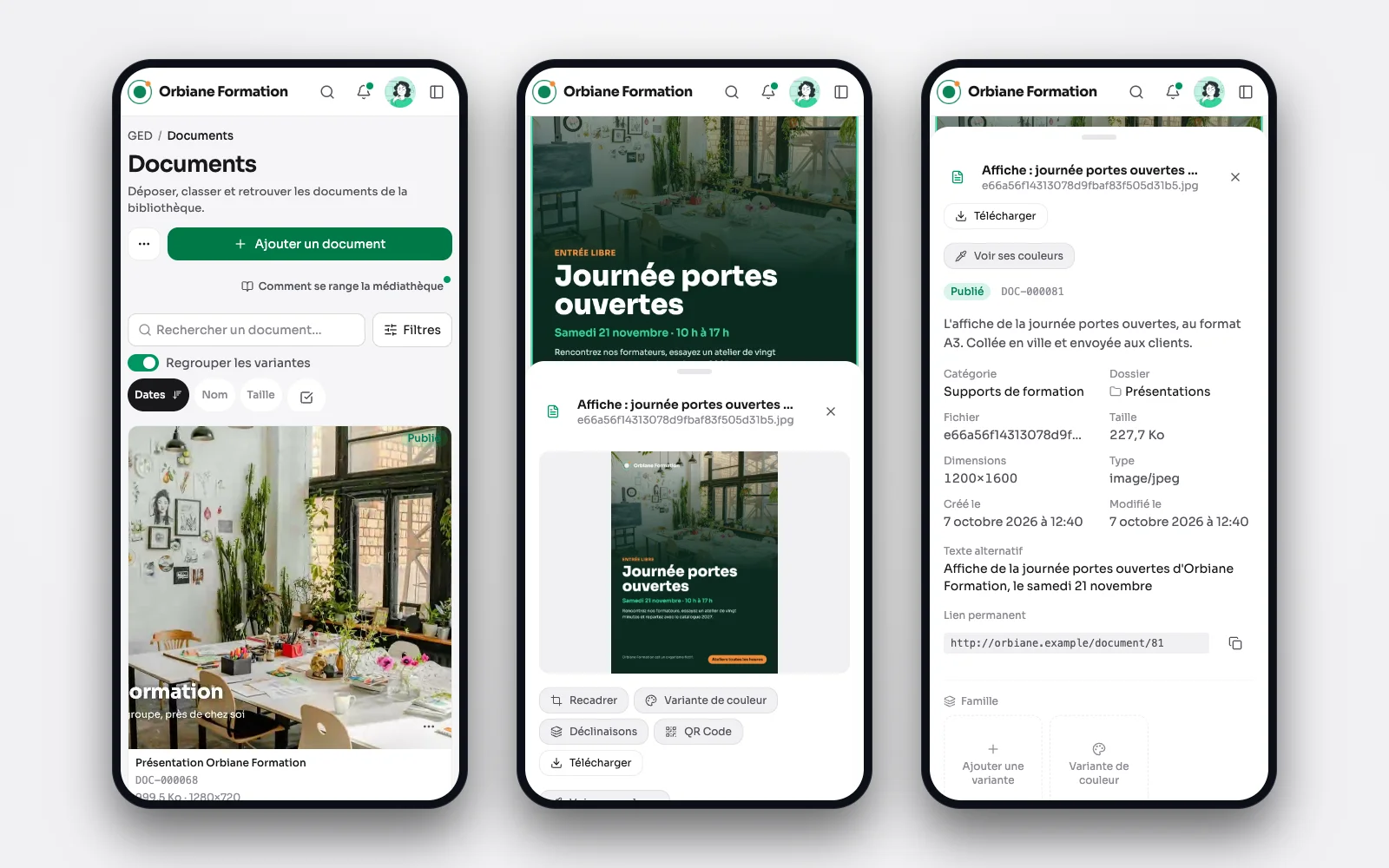 Trois écrans de téléphone : la médiathèque, un document touché et sa feuille, puis la feuille dépliée sur ses dates, son lien permanent et ses utilisations.