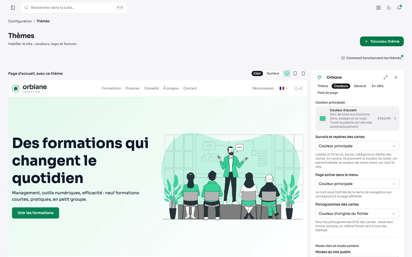 Le thème Orbiane en cours de modification, onglet Couleurs, et la page d'accueil du site qui le montre à côté.