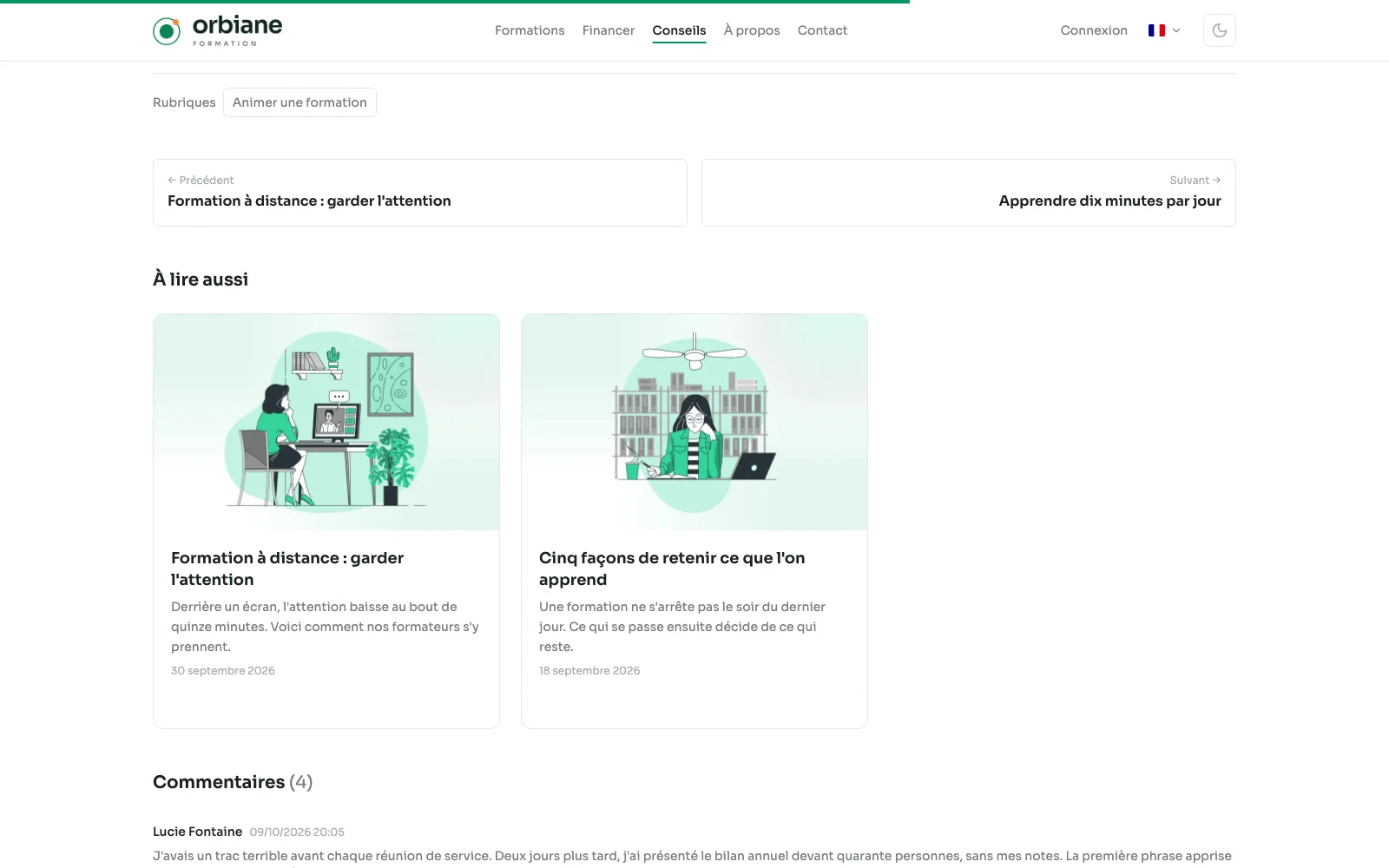 Pied d'un article du blog Orbiane : sa rubrique en lien, puis la section « À lire aussi » avec deux cartes d'articles.