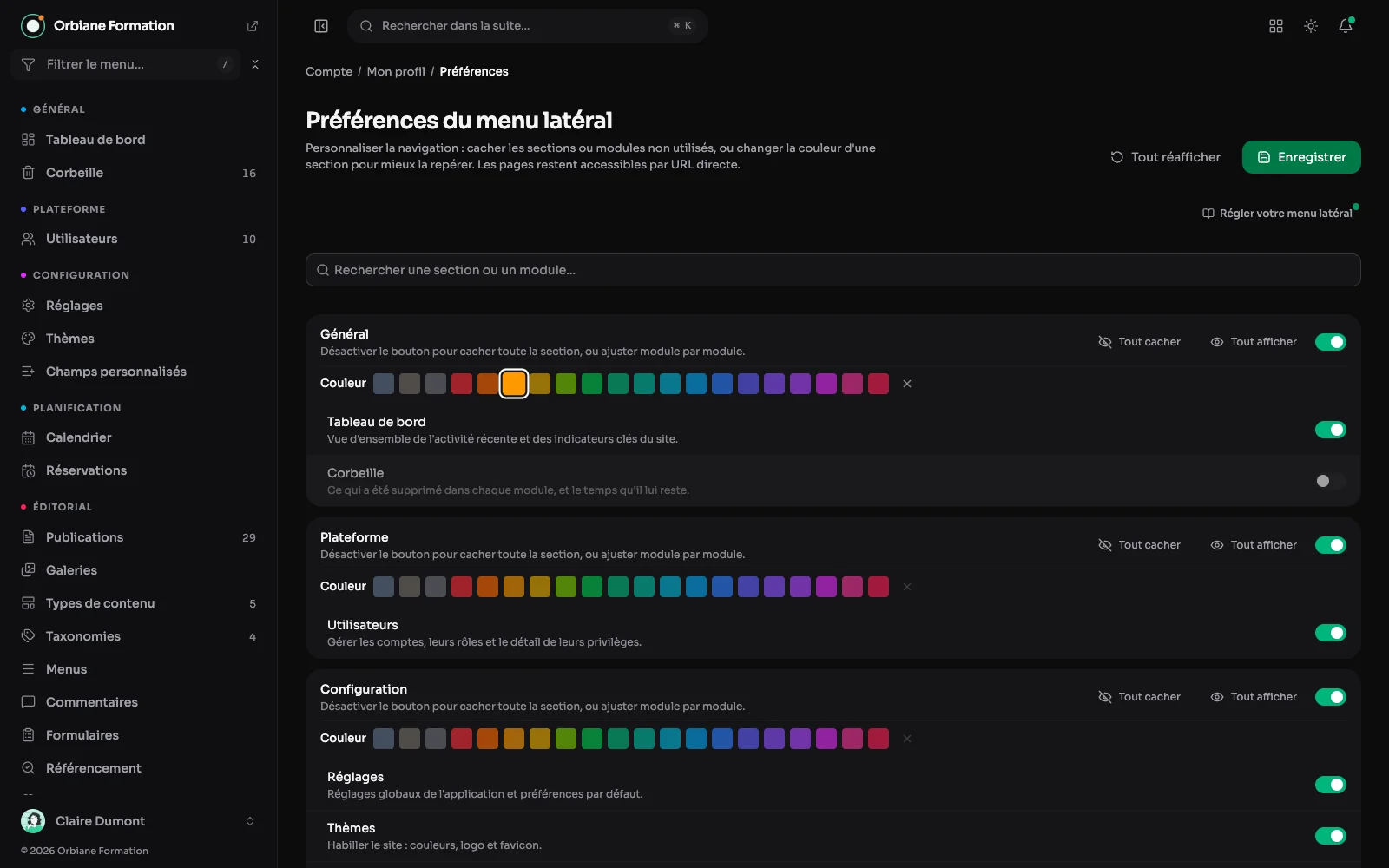 Les préférences du menu latéral : une couleur choisie pour la section Général, et la corbeille masquée du menu.