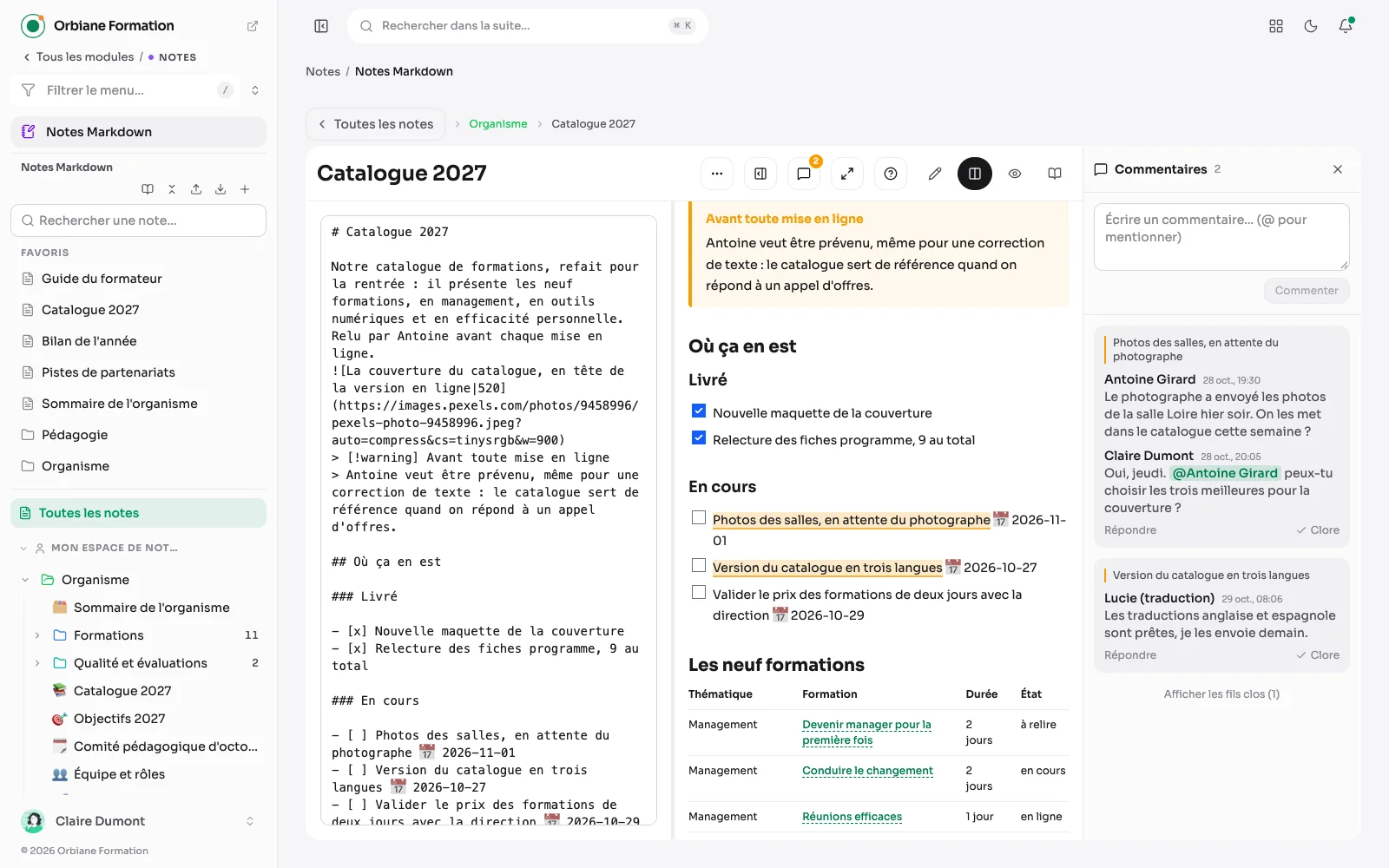 La note « Catalogue 2027 » avec le panneau des commentaires : une question d'Antoine sur un passage souligné, une réponse qui le mentionne, et le commentaire d'une invitée, venue par un lien de partage.