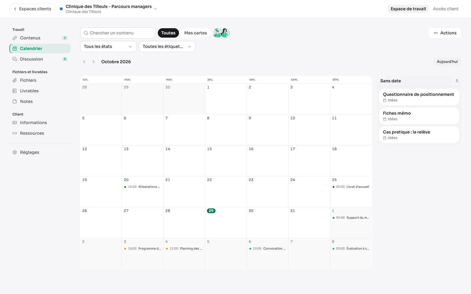 De kalender van een omgeving, de items op hun datum geplaatst.