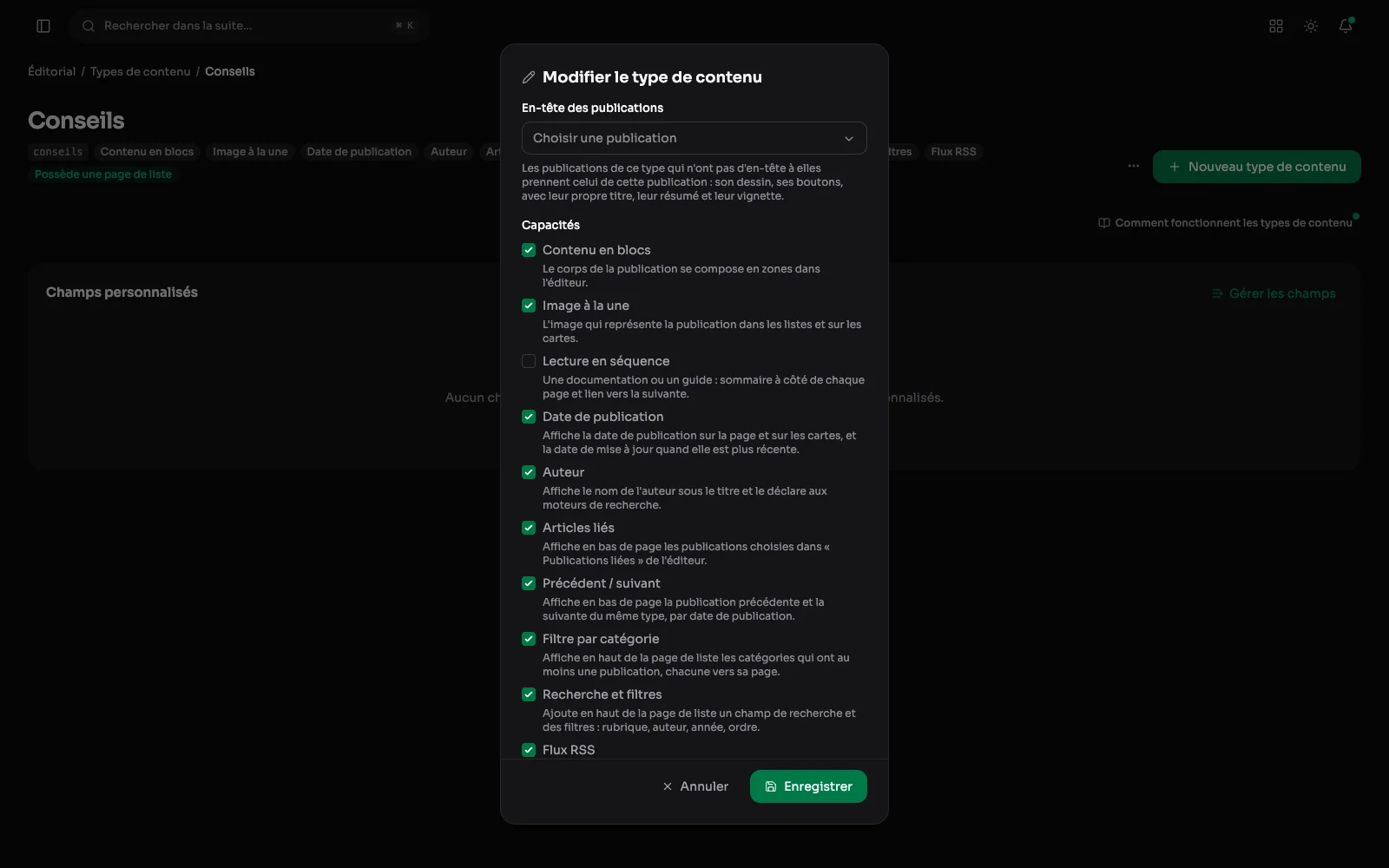 Fenêtre de modification du type de contenu Conseils, avec ses capacités cochées : date de publication, auteur, articles liés et filtre par catégorie.